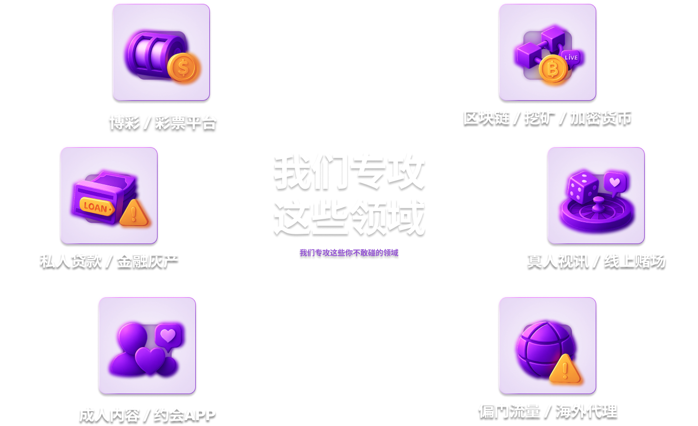 服务行业：博彩与彩票平台、区块链与加密货币、真人娱乐场与游戏、私人借贷与金融、成人交友平台及高风险产品。
