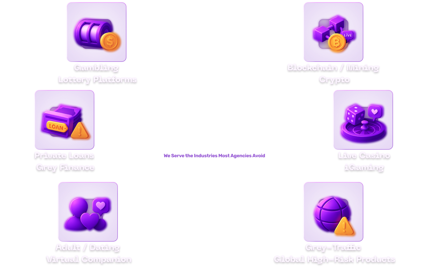 Industries we serve: gambling and lottery platforms, blockchain and crypto, live casino and iGaming, private loans and finance, adult and dating platforms, and high-risk products.